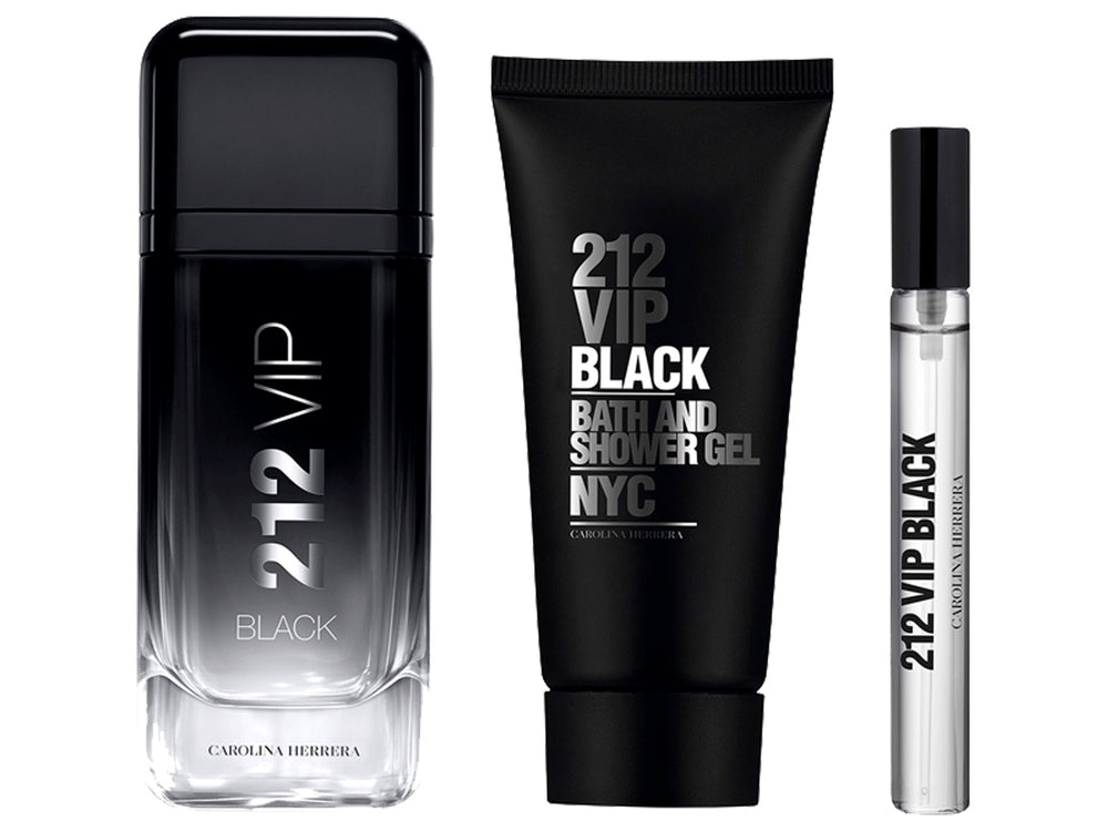 Set de regalo Carolina Herrera 212 VIP Black con fragancia, gel de baño y caja en forma de casete negro.