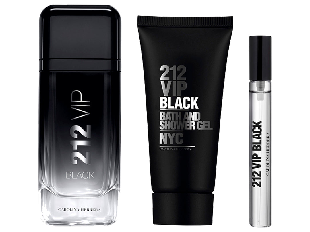 Set de regalo Carolina Herrera 212 VIP Black con fragancia, gel de baño y caja en forma de casete negro.
