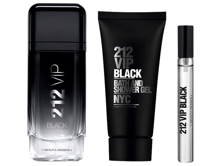 Set de regalo Carolina Herrera 212 VIP Black con fragancia, gel de baño y caja en forma de casete negro.