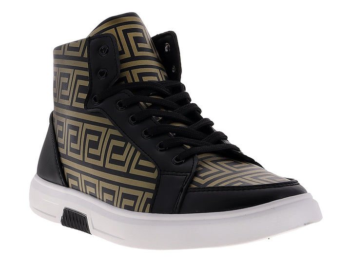 Botín casual para hombre en color negro y dorado con diseño geométrico y suela blanca.