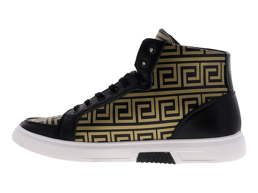 Botín casual para hombre en color negro y dorado con diseño geométrico y suela blanca.