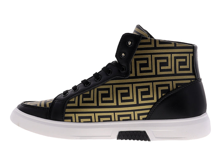 Botín casual para hombre en color negro y dorado con diseño geométrico y suela blanca.