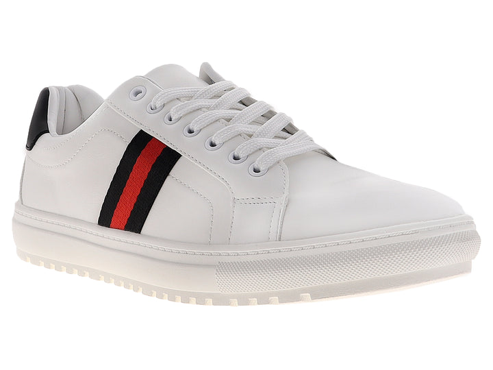 Tenis blancos para hombre con franja lateral en colores rojo y negro.