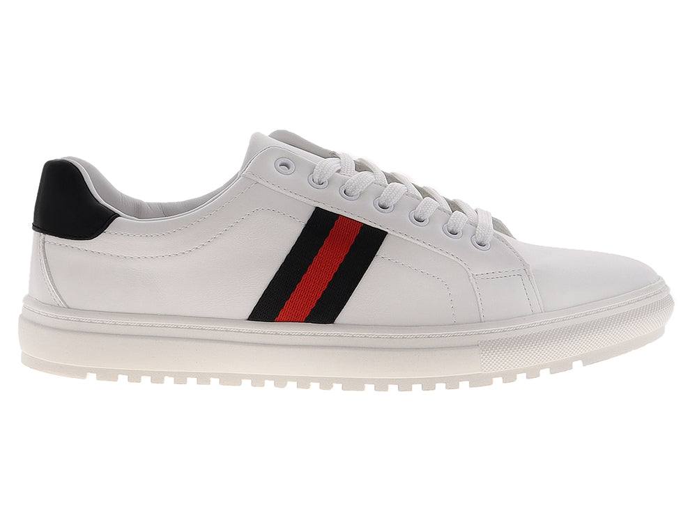 Tenis blancos para hombre con franja lateral en colores rojo y negro.