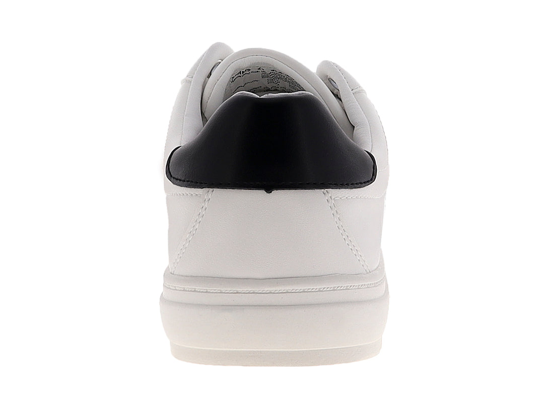 Tenis blancos para hombre con franja lateral en colores rojo y negro.