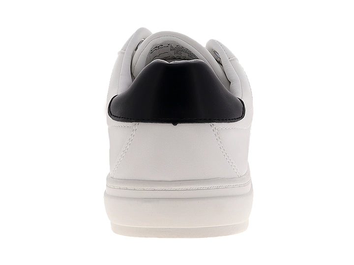 Tenis blancos para hombre con franja lateral en colores rojo y negro.