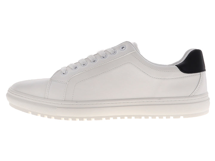 Tenis blancos para hombre con franja lateral en colores rojo y negro.