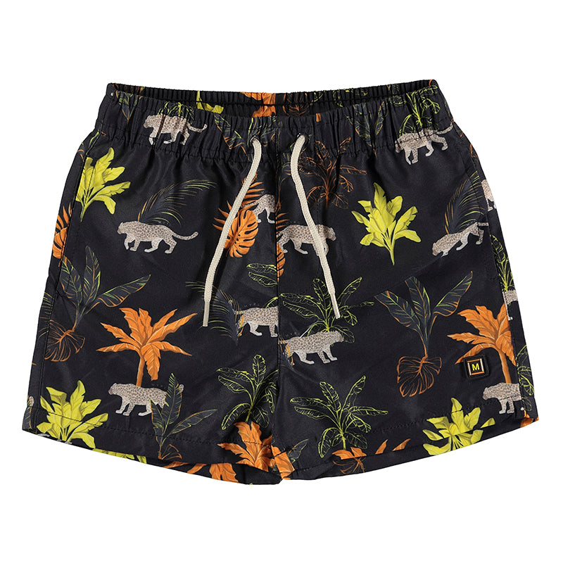 Bermuda de baño para niño color negro con estampado de leopardos y hojas tropicales.