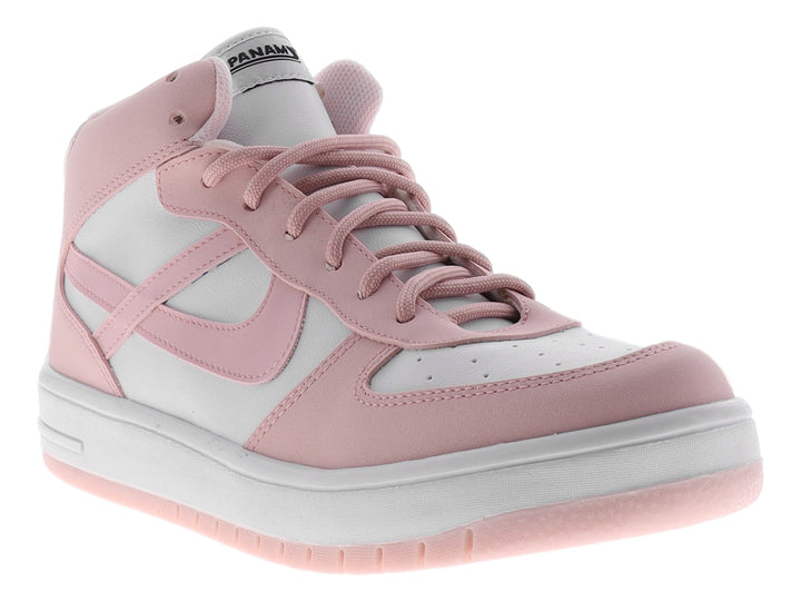 Tenis marca PANAM en colores blanco y rosa, con agujetas rosas y suela blanca.