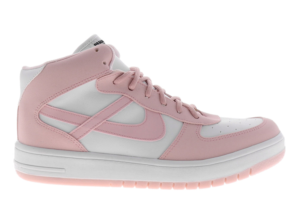 Tenis marca PANAM en colores blanco y rosa, con agujetas rosas y suela blanca.