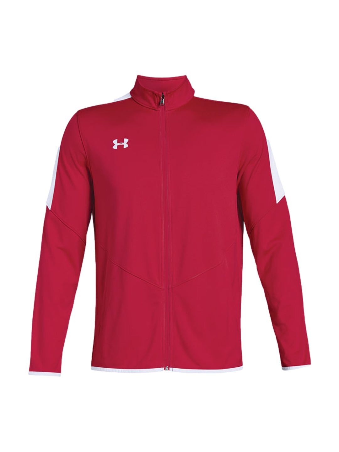 Chaqueta deportiva Under Armour de color rojo con detalles blancos en los hombros y mangas, cierre frontal completo.