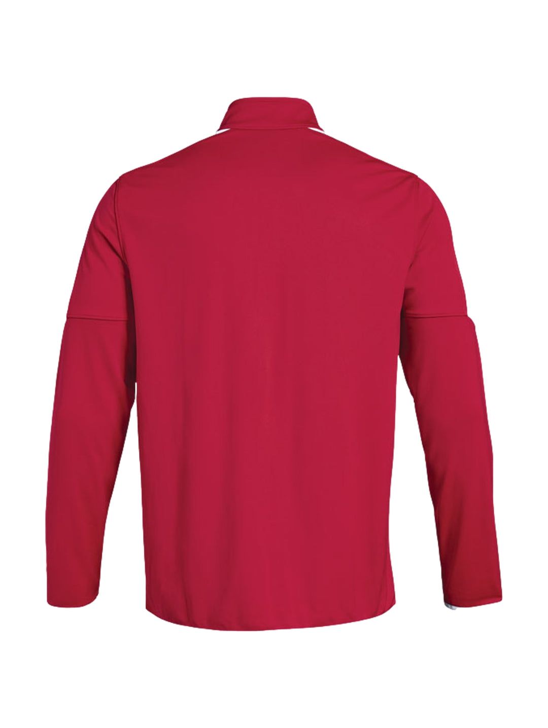 Chaqueta deportiva Under Armour de color rojo con detalles blancos en los hombros y mangas, cierre frontal completo.