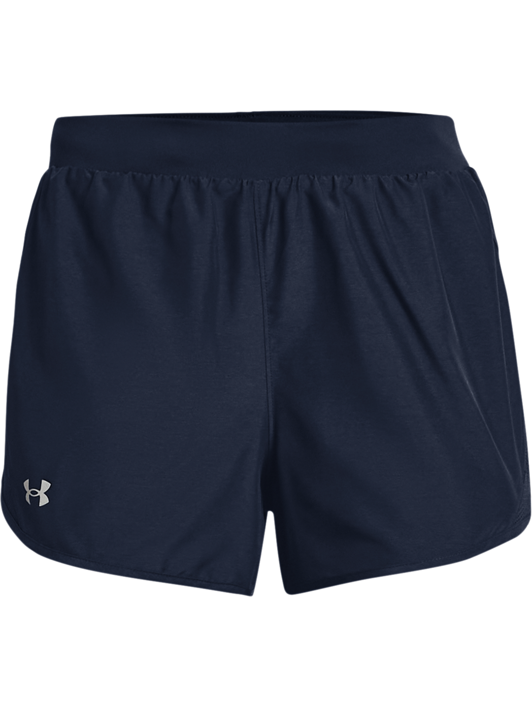 Mujer vistiendo shorts deportivos Under Armour color azul marino con cintura elástica.