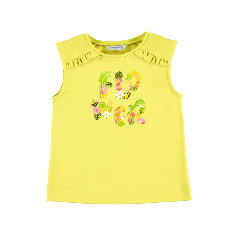 Camiseta sin mangas color limón para niña con estampado colorido de la palabra SUMMER y volantes en los hombros.