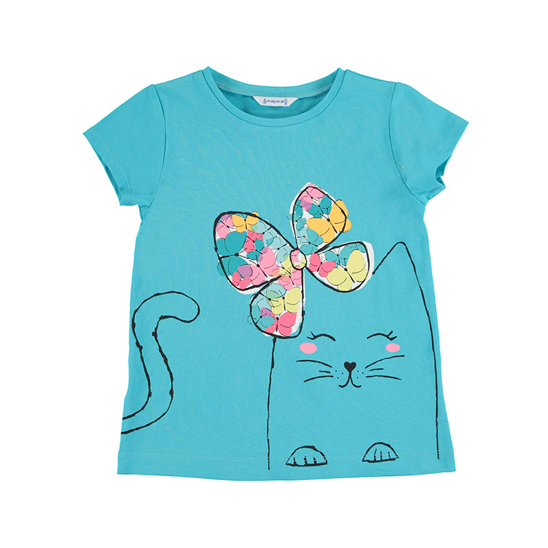 Camiseta turquesa para Niña con estampado de gato y un moño colorido.