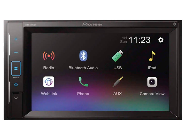 Reproductor multimedia Pioneer DMH-A245BT de color negro con pantalla táctil de 6.2 pulgadas y menú de aplicaciones.