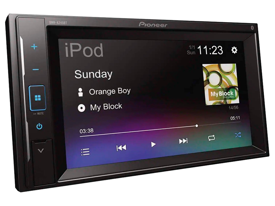 Reproductor multimedia Pioneer DMH-A245BT de color negro con pantalla táctil de 6.2 pulgadas y menú de aplicaciones.