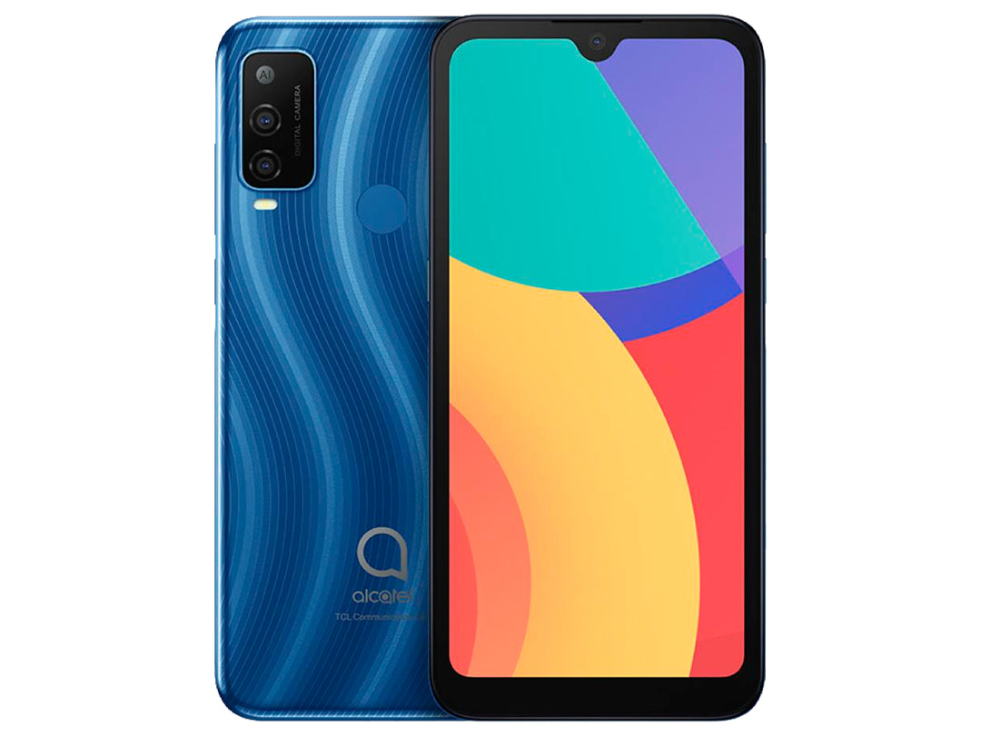 Teléfono inteligente Alcatel color azul, vista frontal y posterior.