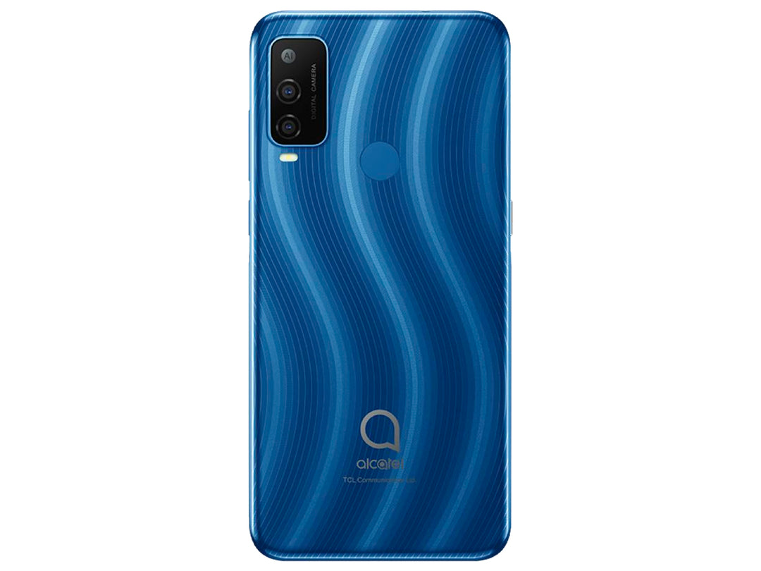 Teléfono inteligente Alcatel color azul, vista frontal y posterior.