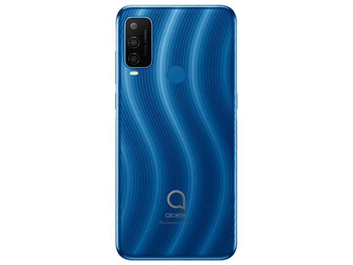 Teléfono inteligente Alcatel color azul, vista frontal y posterior.