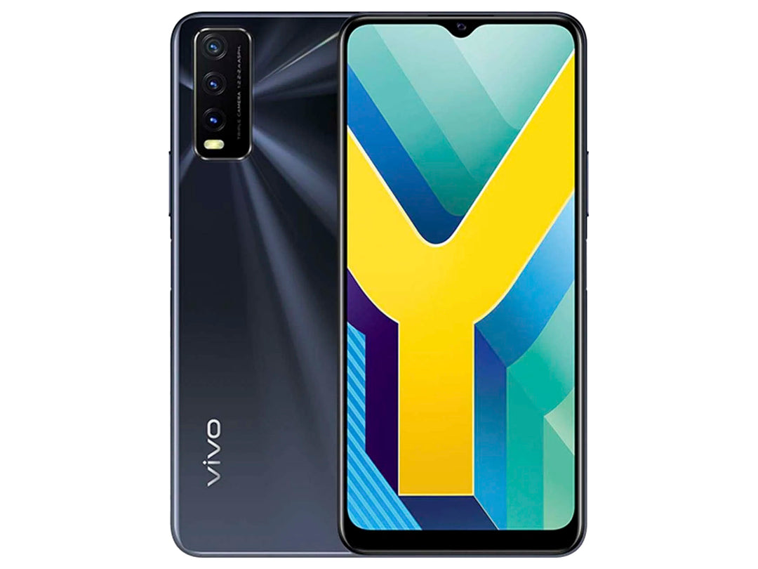 Teléfono inteligente VIVO Y20 color negro, vista frontal y trasera con pantalla de 6.51 pulgadas y triple cámara.