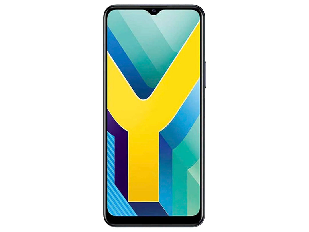 Teléfono inteligente VIVO Y20 color negro, vista frontal y trasera con pantalla de 6.51 pulgadas y triple cámara.