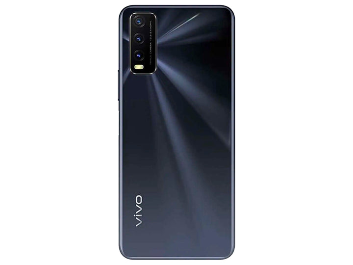 Teléfono inteligente VIVO Y20 color negro, vista frontal y trasera con pantalla de 6.51 pulgadas y triple cámara.