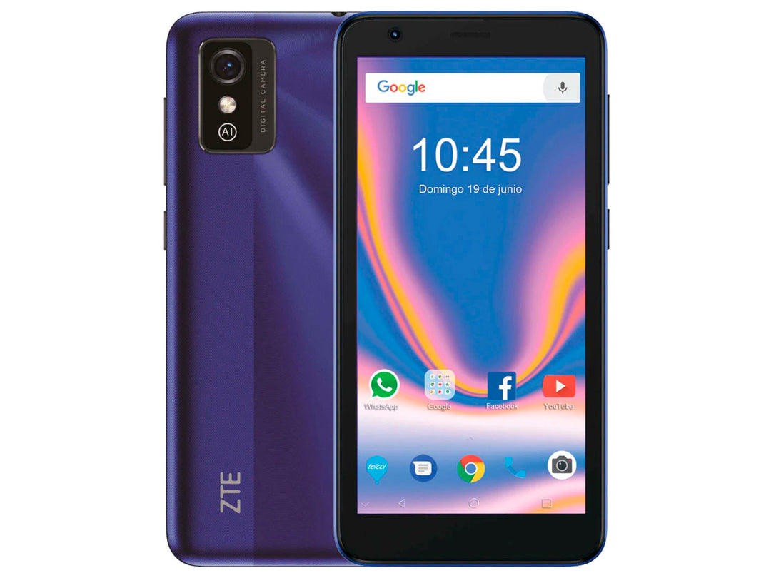Teléfono inteligente ZTE L9 en color azul, vista frontal y posterior sobre fondo blanco.