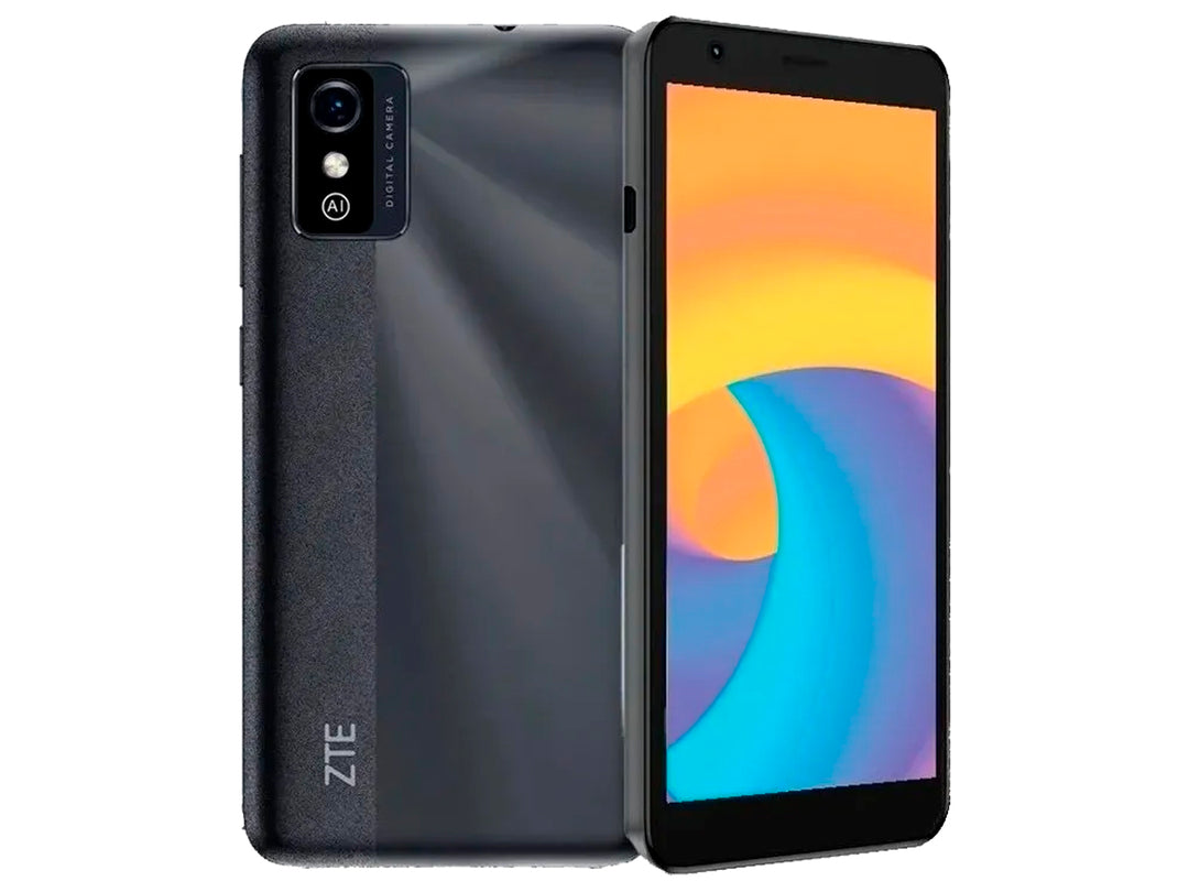 Teléfono inteligente ZTE L9 en color gris, vista frontal y posterior sobre fondo blanco.