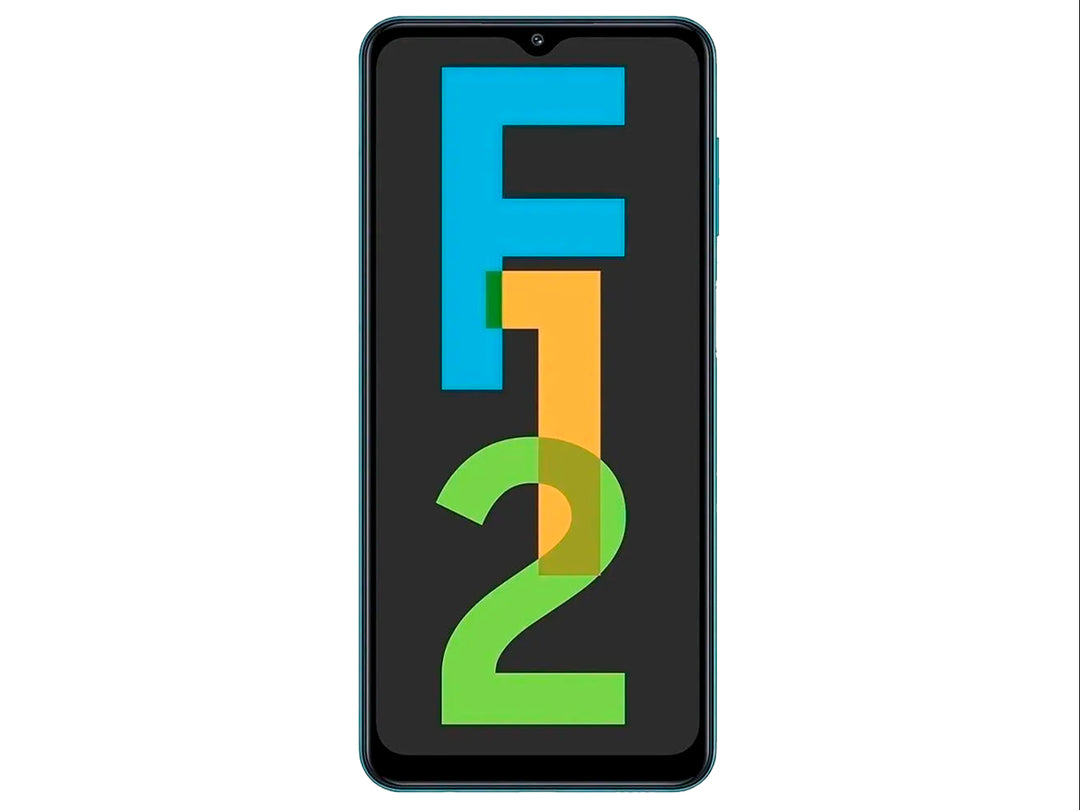 Smartphone Samsung Galaxy F12 color verde con textura estriada y pantalla frontal.