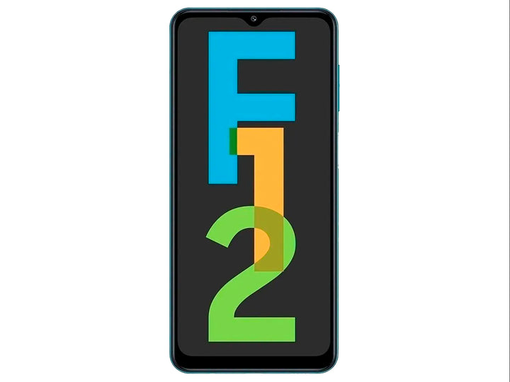 Smartphone Samsung Galaxy F12 color verde con textura estriada y pantalla frontal.