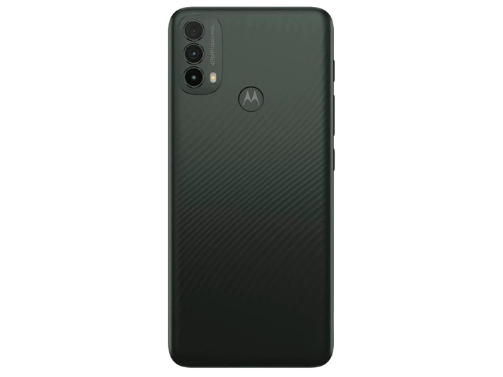 Teléfono inteligente Motorola Libre E40 en color gris, vista frontal y posterior sobre fondo blanco.