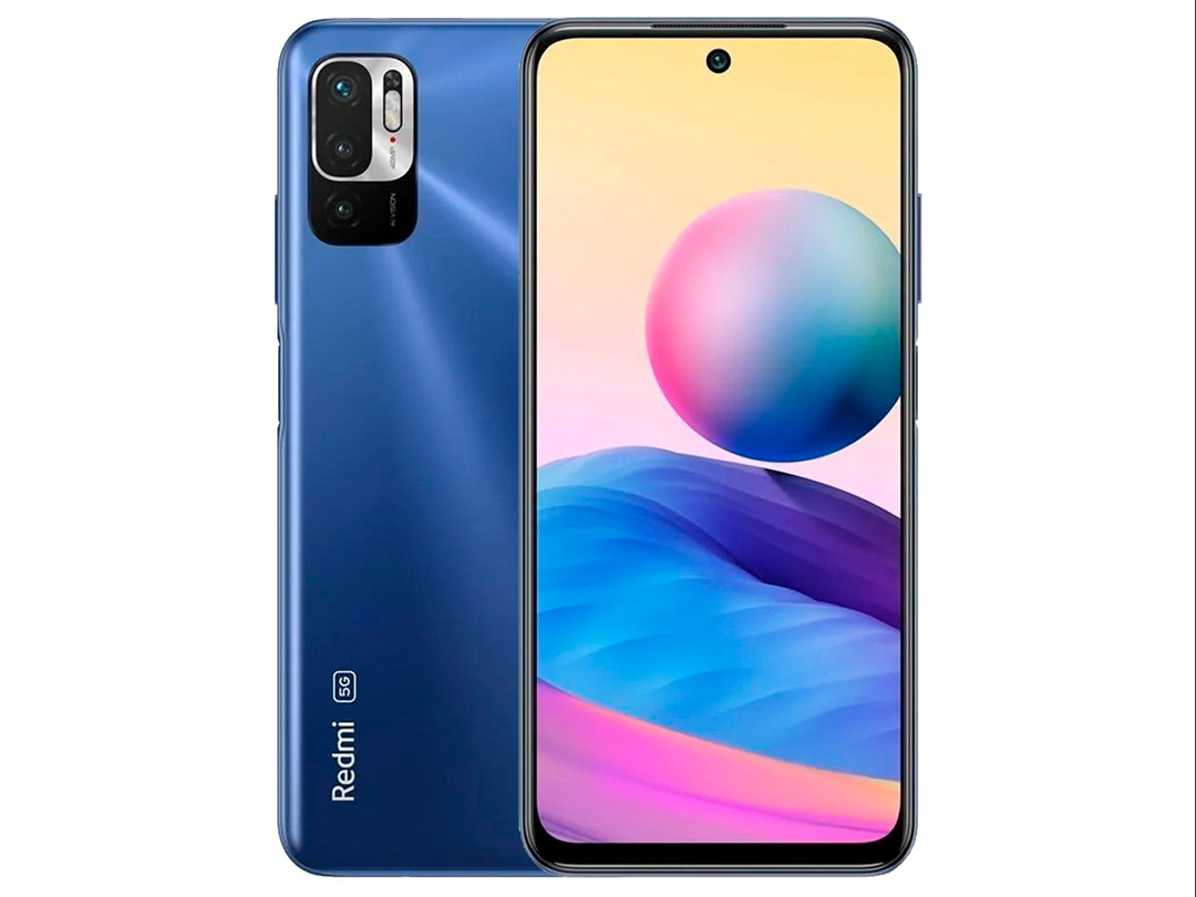 Teléfono inteligente Xiaomi Libre Note 10 en color azul, vista frontal y posterior.
