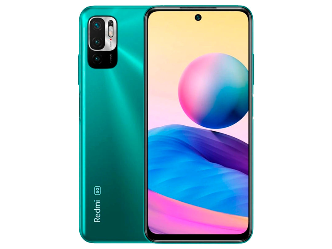 Smartphone Xiaomi Libre Note 10 en color verde bambú, vista frontal y trasera.