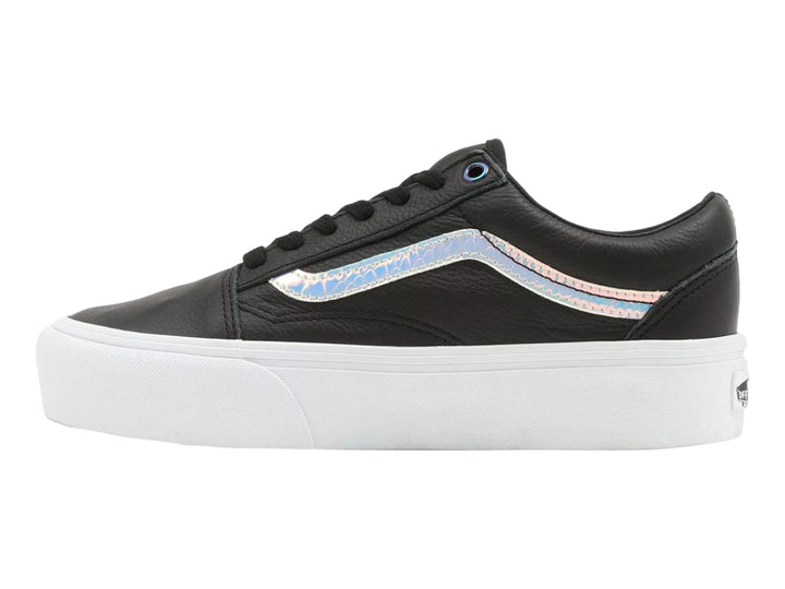 Tenis Vans Old Skool Platform negros con franja lateral holográfica y suela blanca de plataforma.
