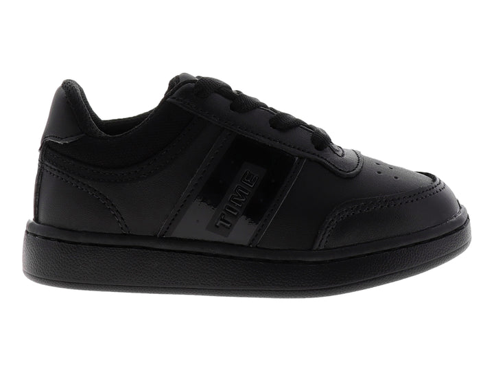 Tenis deportivos para bebé o niño en color negro con cordones y detalle brillante lateral.