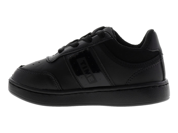 Tenis deportivos para bebé o niño en color negro con cordones y detalle brillante lateral.