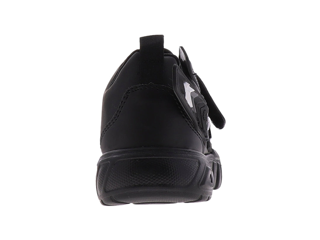 Zapato deportivo infantil color negro con diseño robótico lateral y cierre de velcro.