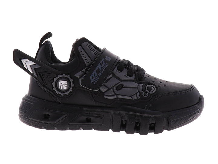 Zapato deportivo infantil color negro con diseño robótico lateral y cierre de correa y agujetas.