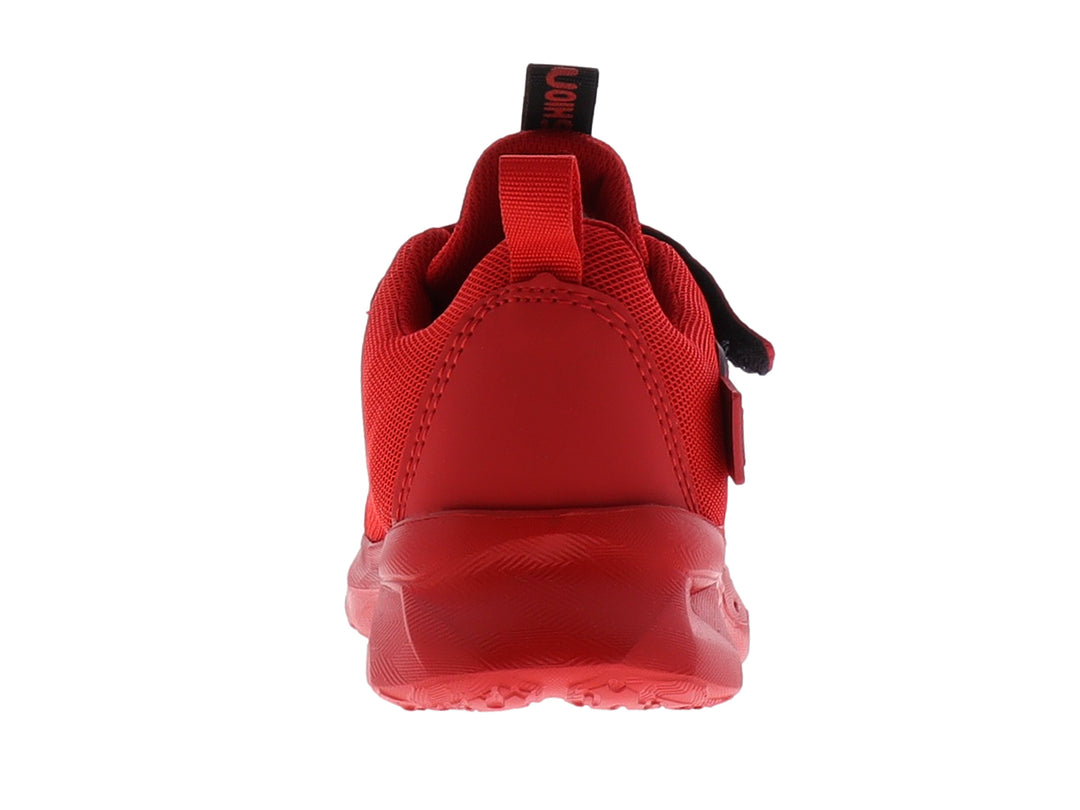 Tenis deportivos para niño en color rojo con detalles en negro y blanco y suela gruesa.
