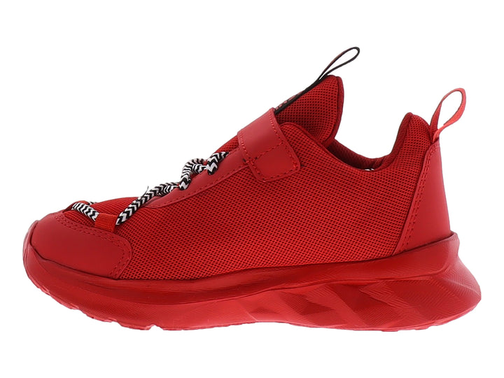 Tenis deportivos para niño en color rojo con detalles en negro y blanco y suela gruesa.