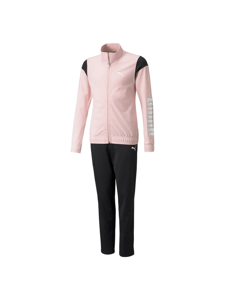 Conjunto deportivo PUMA compuesto por chaqueta color rosa lotus y pantalón negro.