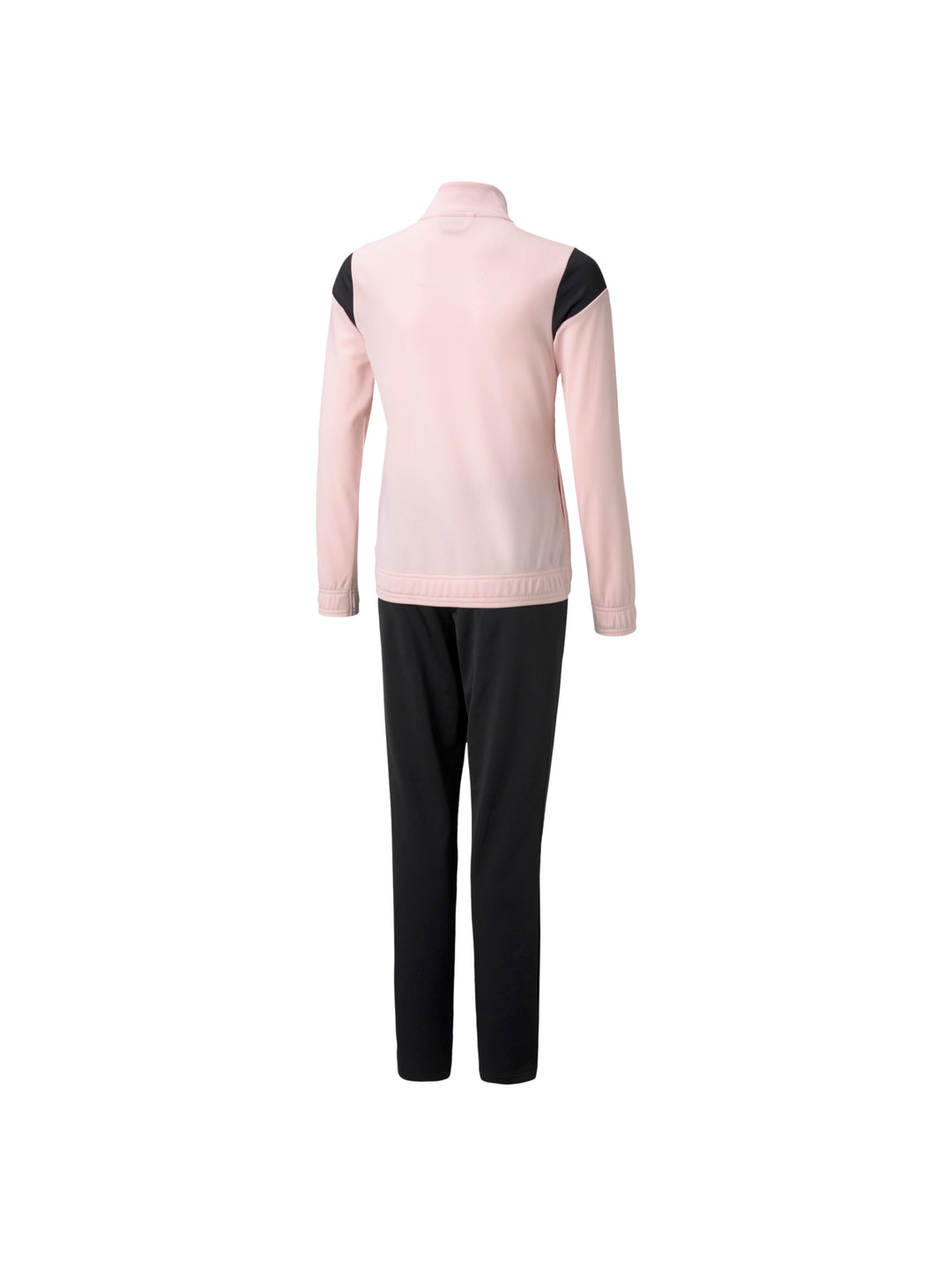 Conjunto deportivo PUMA compuesto por chaqueta color rosa lotus y pantalón negro.