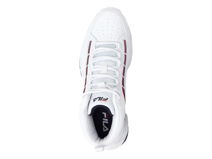 Tenis de baloncesto FILA color blanco con detalles en azul marino y rojo, corte alto.