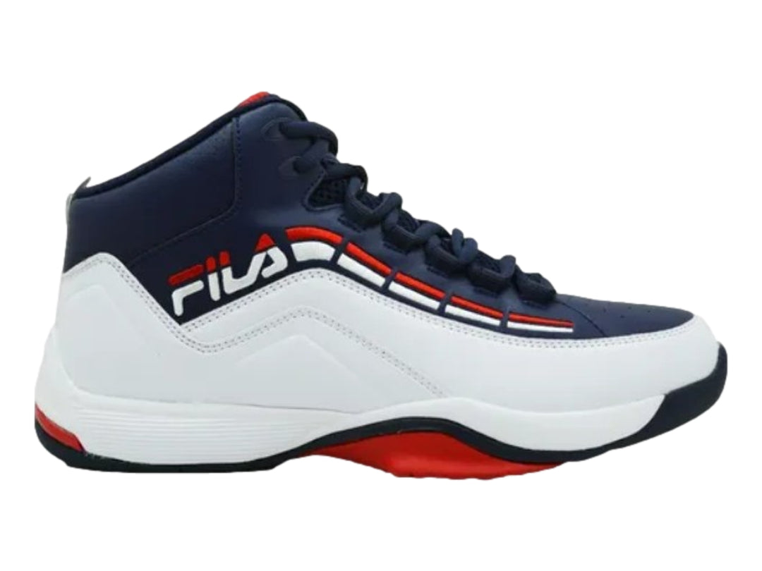 Tenis de baloncesto FILA Spitfire 3 para hombre en colores azul marino, blanco y rojo.