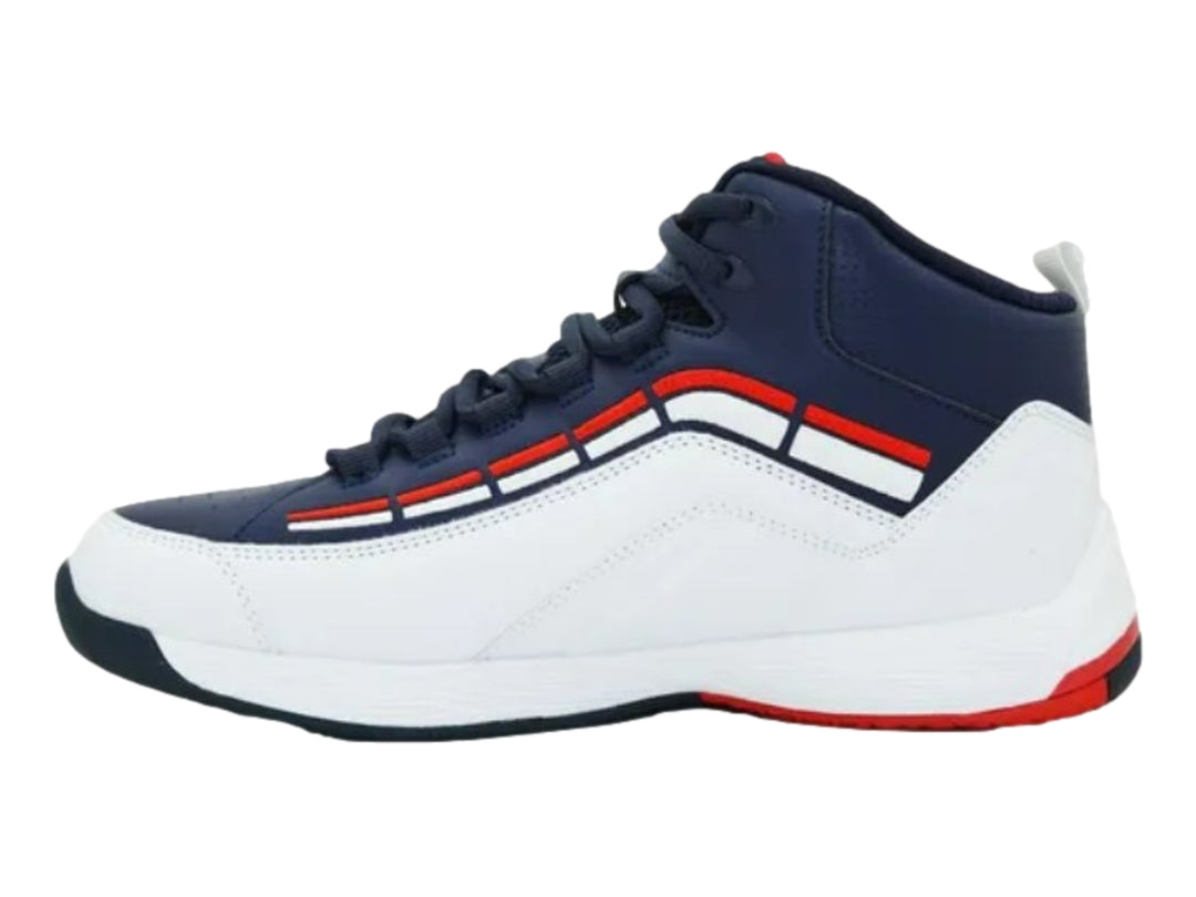 Tenis de baloncesto FILA Spitfire 3 para hombre en colores azul marino, blanco y rojo.