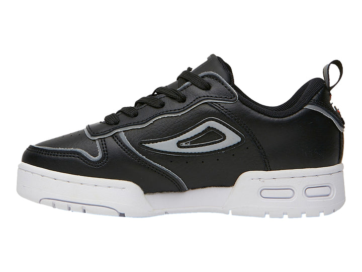 Tenis FILA color negro con suela blanca y detalles en plata metálico.