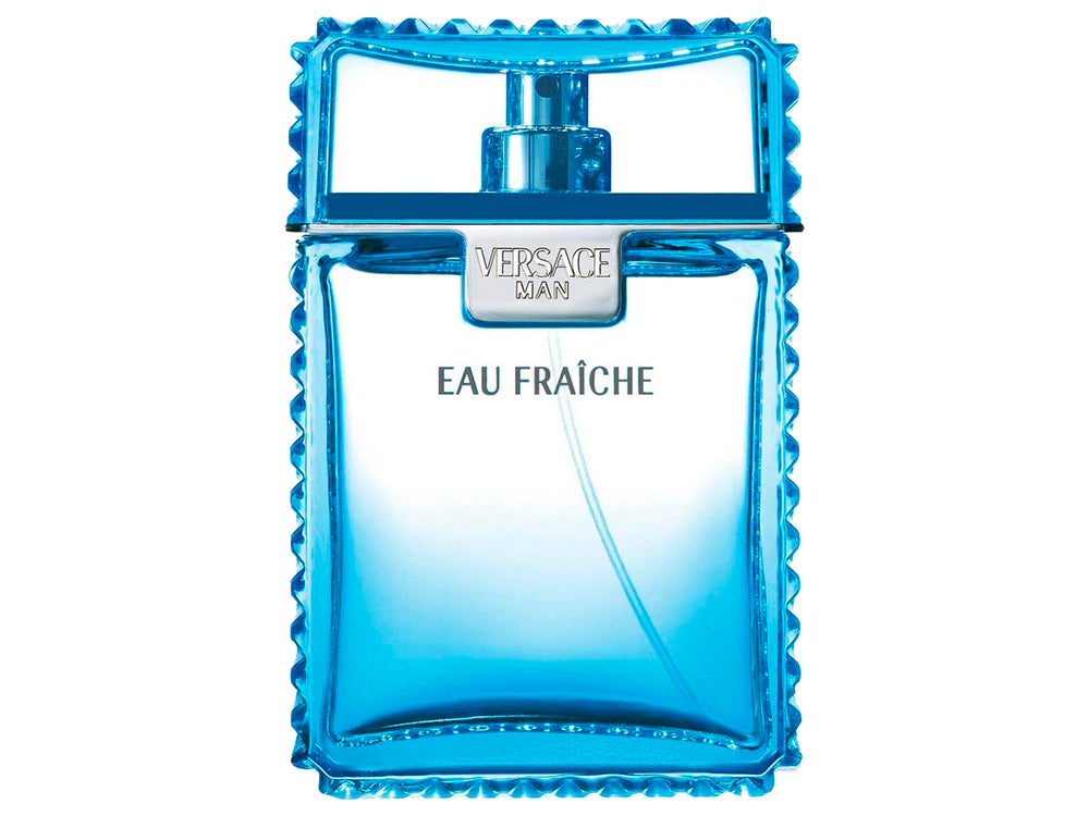 Perfume Versace Man Eau Fraîche de 100ml con su caja azul texturizada y botella de vidrio azul transparente.