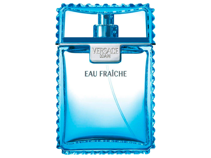 Perfume Versace Man Eau Fraîche de 100ml con su caja azul texturizada y botella de vidrio azul transparente.