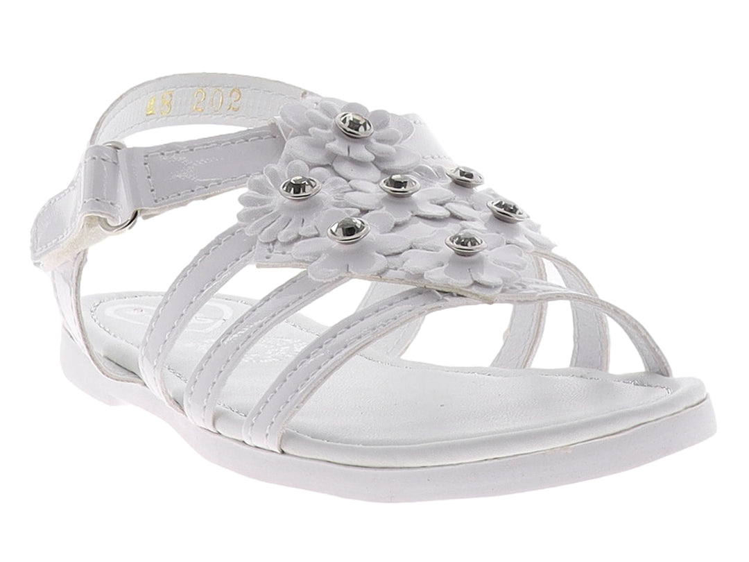 Sandalias blancas para niña con decoraciones florales y detalles brillantes en la parte superior.